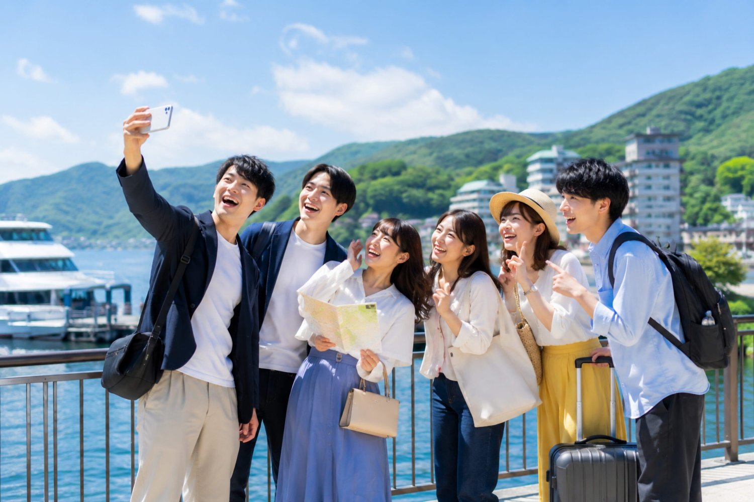 旅行先で景色を眺める人々