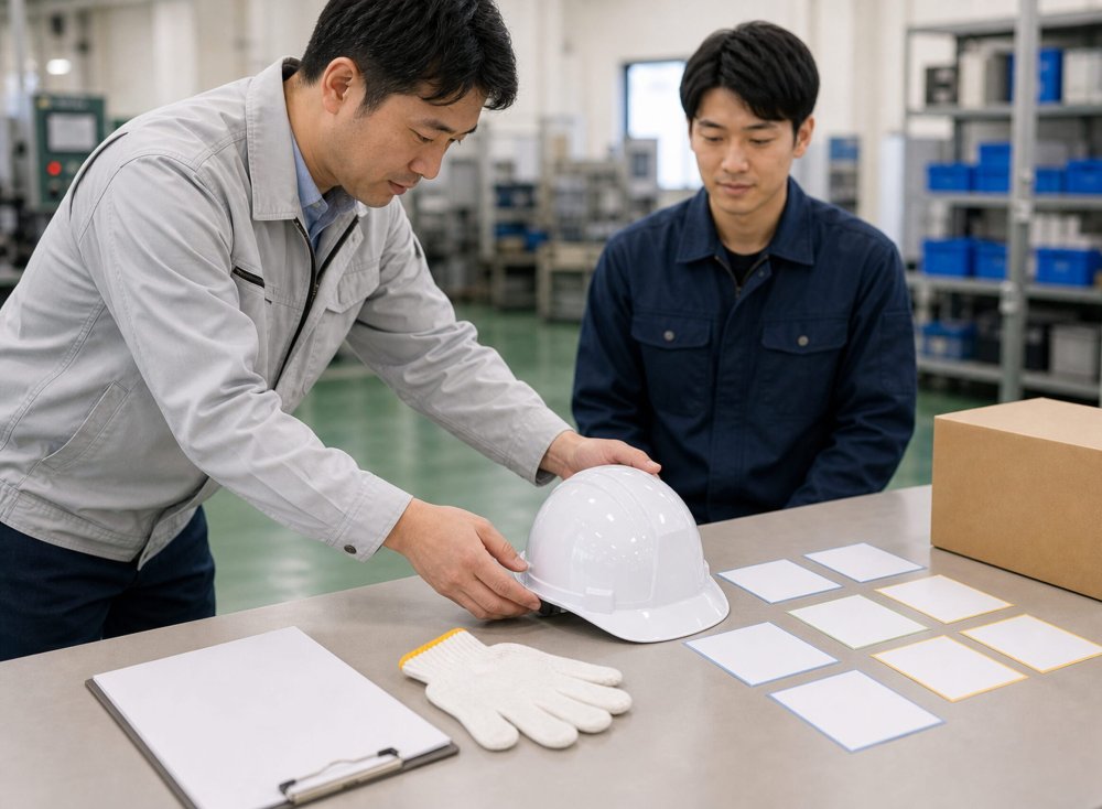ヘルメットと資料を使った打ち合わせ
