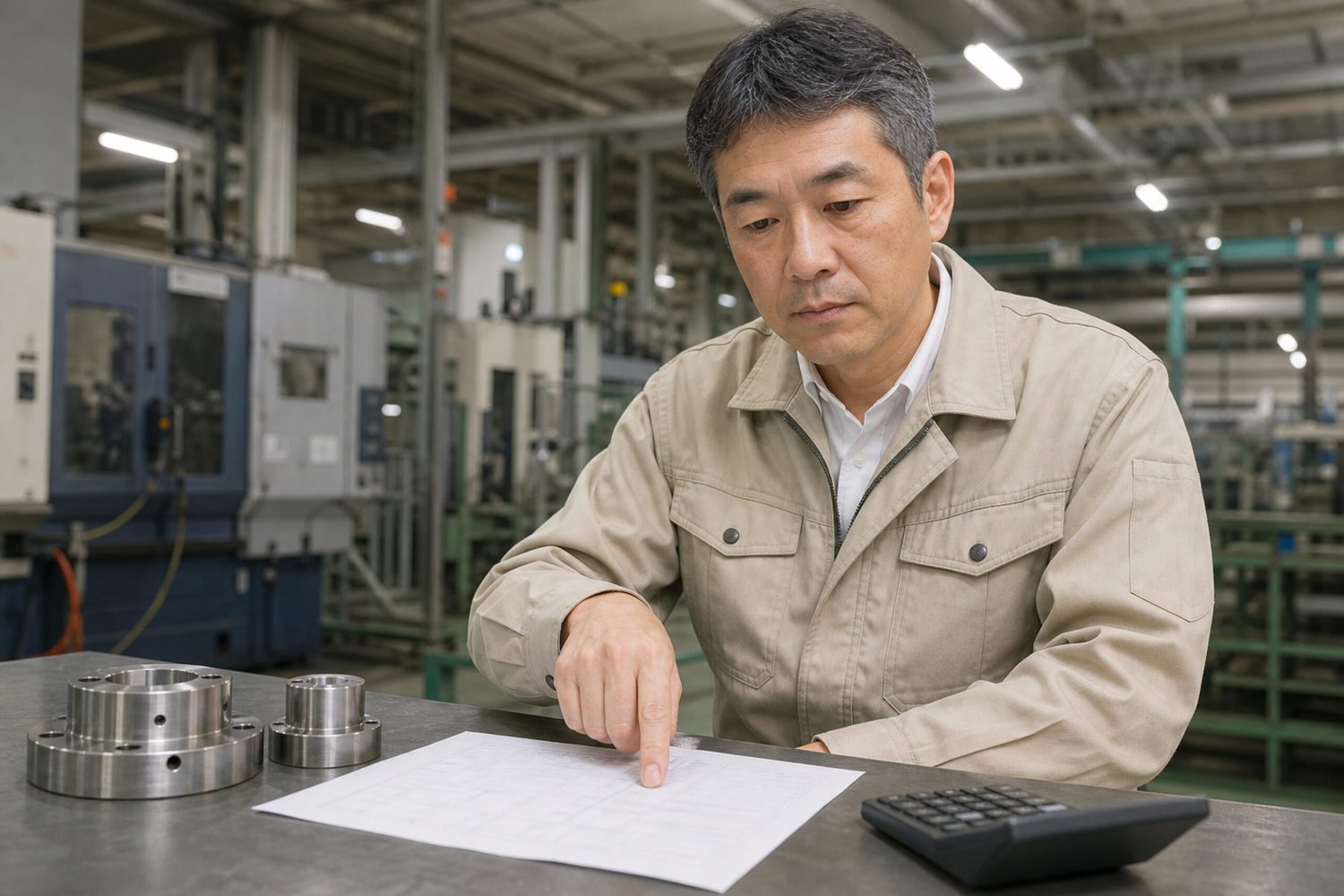 工場内で書類を確認する男性