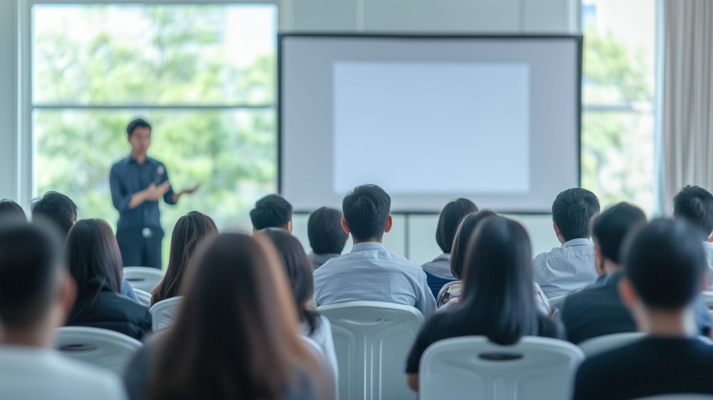 研修会場で講義を受ける人々