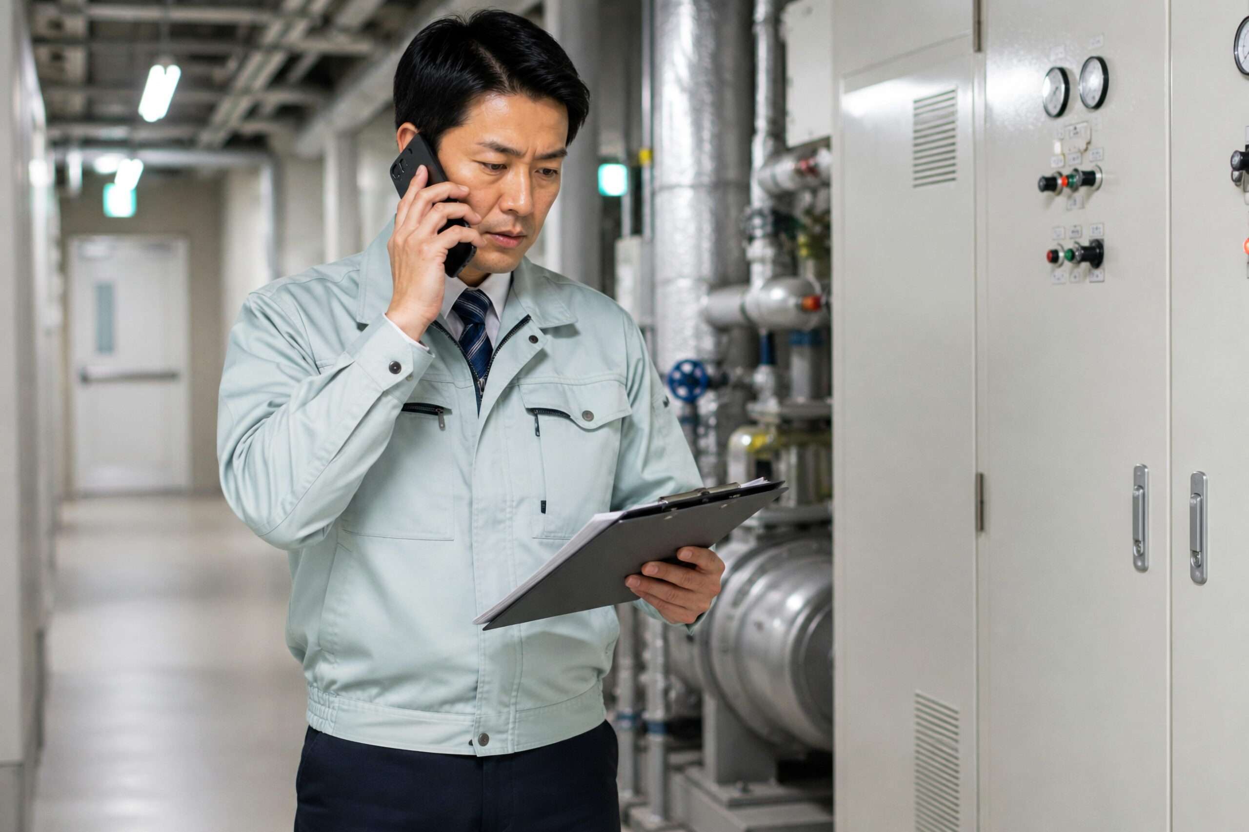 設備の前で電話と資料を確認する作業員